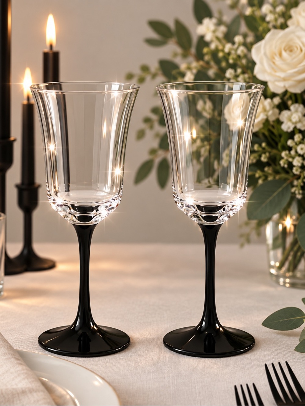 🍷Sophisticated Black Stem Wine/Water Glass Set of 4🇫🇷🍷made in France